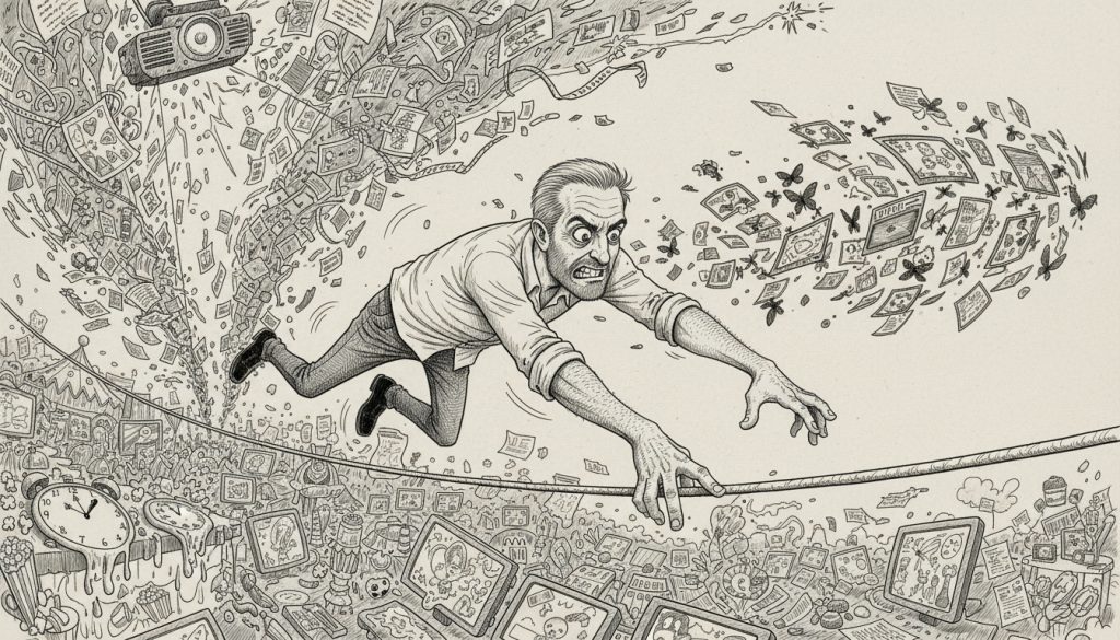 The determined character lunges on a tightrope above chaotic carnival distractions, reaching for fluttering video frames and scrolling text as tangled cables and papers swirl around under harsh flickering light.