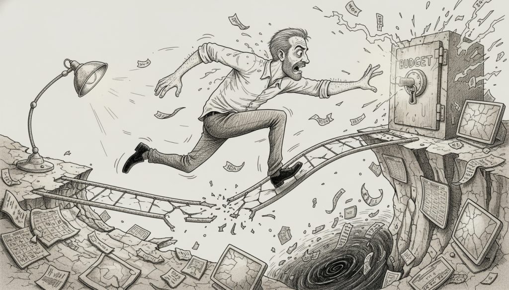 The frantic man sprints atop a shattered wireframe blueprint on a cliff of torn spreadsheets and flickering screens, reaching toward a glowing locked vault while budget papers swirl around him.