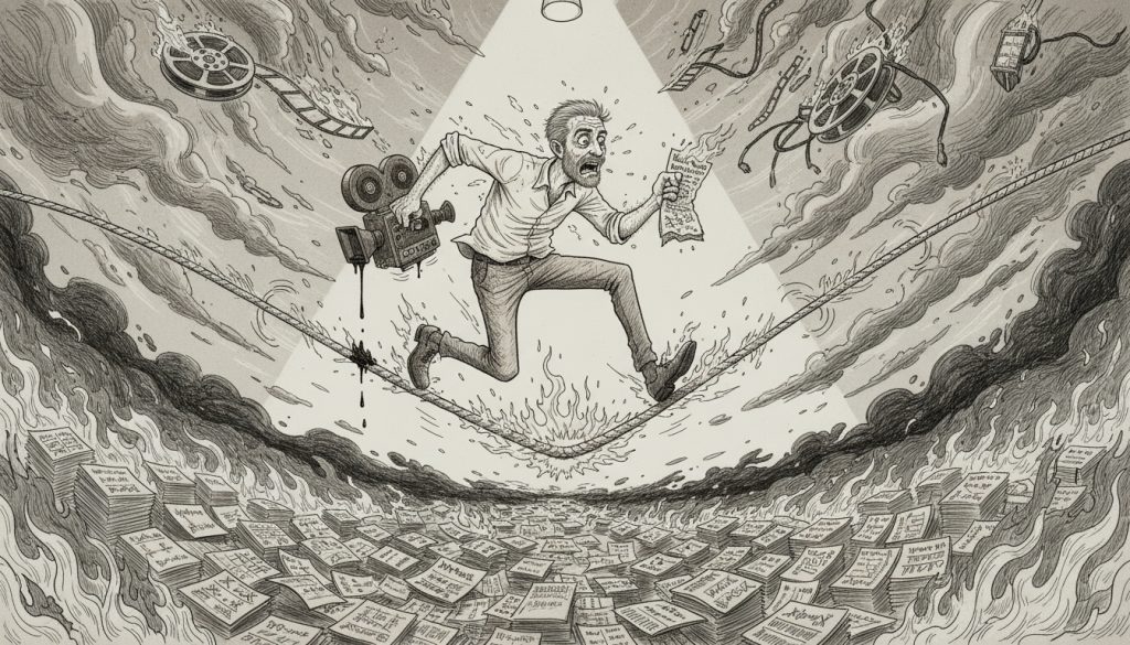 The frantic man balances on a burning, fraying tightrope above bonfires of budget papers while holding a film camera and crushed script in a sky filled with smoke and tangled cables.