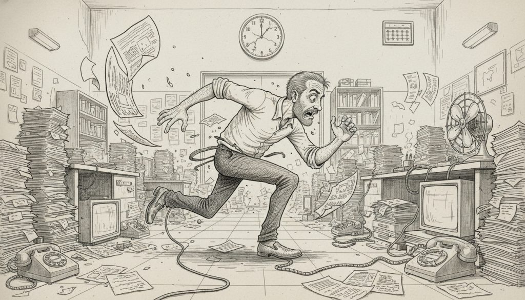 The frantic character runs through a cluttered newsroom chasing torn papers and tangled cords, reaching towards flickering monitors and ringing phones to build the content feedback loop before time runs out.