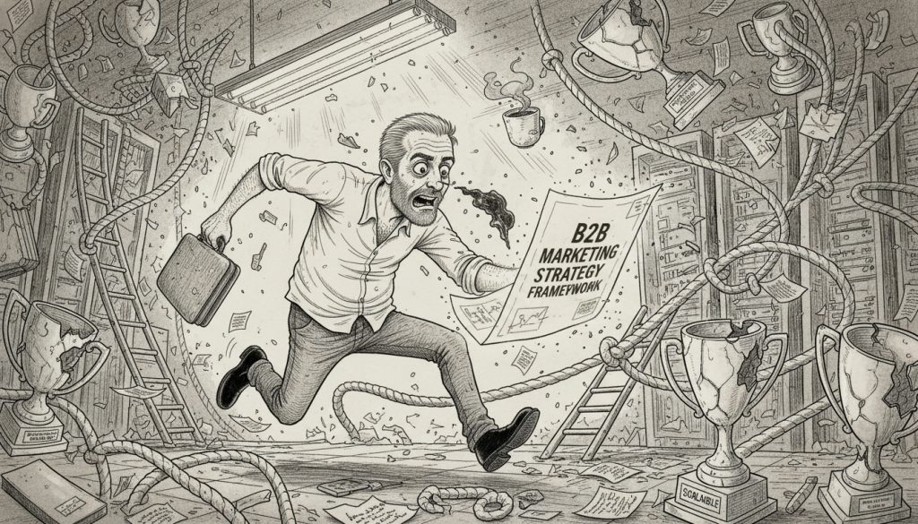 The frantic character desperately clings to a unraveling b2b marketing strategy framework blueprint while sprinting through a collapsing corporate jungle gym made of ropes and trophies.