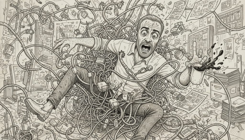 The frantic character struggles entangled in cables and blinking devices in a cluttered office as they struggle with common marketing automation mistakes under harsh monitor light.