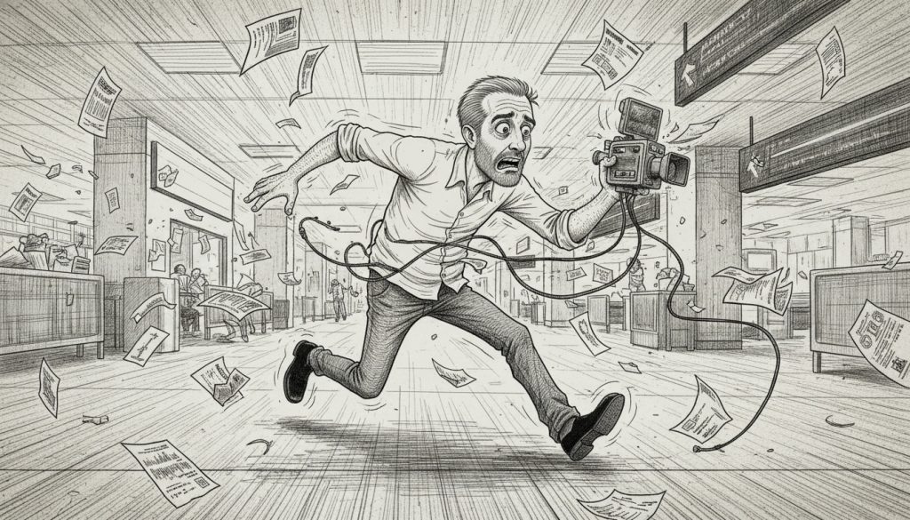 The frantic character clutches a vintage video camera sprinting through a chaotic airport terminal with no signs as papers and boarding passes fly wildly under flickering lights.
