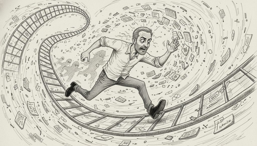 The frantic character sprints twisted along a giant wireframe backbone clutching scattered webpage elements in a chaotic room filled with notes and guides under flickering light.