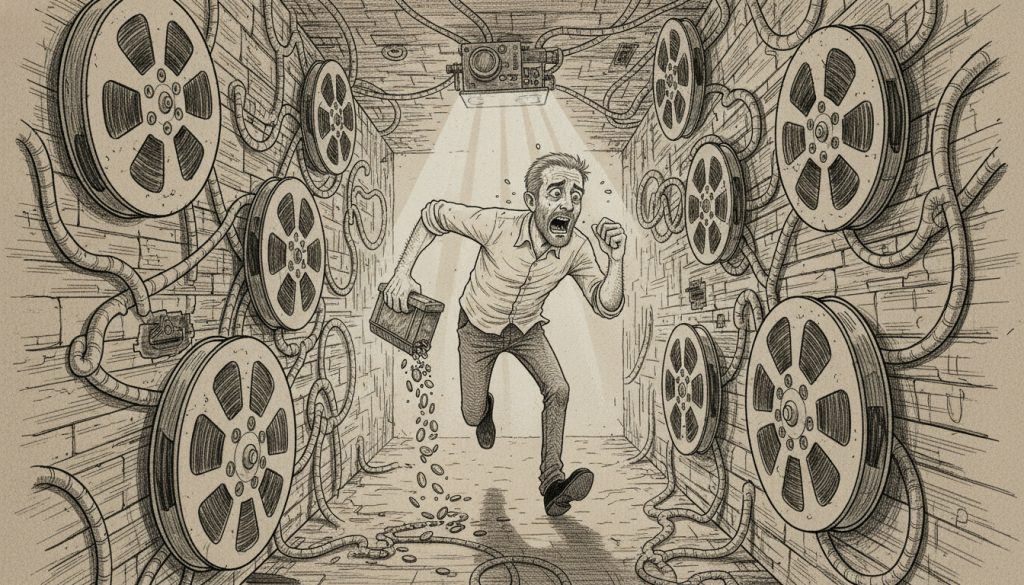 The frantic character runs down a corridor filled with spinning film reels and tangled cables, holding a leaking film canister that spills coins, surrounded by flickering projector light and bending walls representing edtech video strategy.