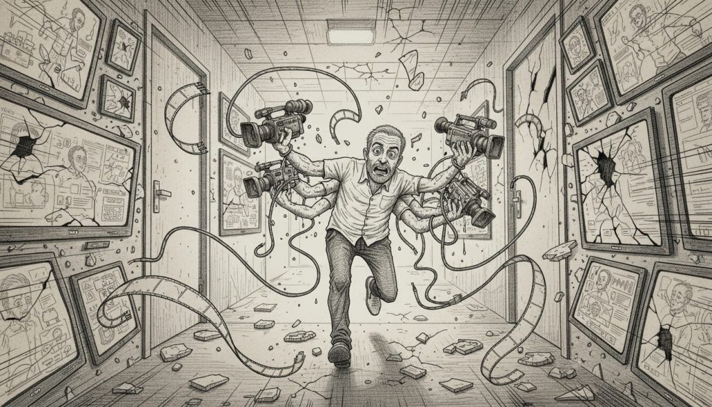 The frantic character juggles broken video cameras and tangled microphones while running through a collapsing hallway filled with shattered screens of case study video production.