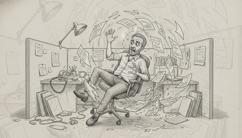 The frantic character frantically juggles a swirl of customer testimonial forms while balancing on a tilting office chair in a cluttered cubicle under flickering desk lamp light.