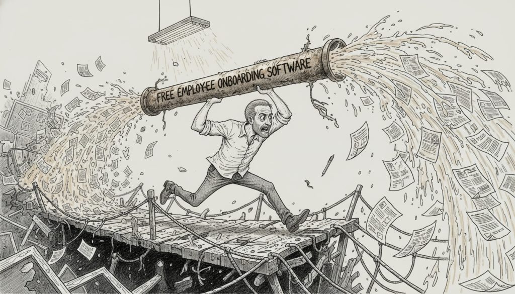 The desperate character grips a leaking pipeline labeled free employee onboarding software as water and papers representing new hires gush out amid flying office debris on a crumbling bridge.