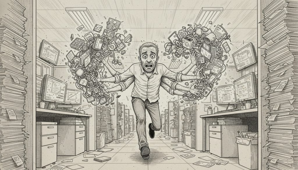The desperate character frantically juggles onboarding SaaS tools as tangled cords and devices swarm around them while running through a collapsing cluttered office maze.