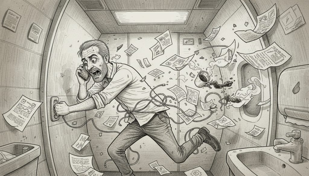 The frantic content strategy consultant clings to an airplane lavatory door while holding a phone amid flying papers, spilled coffee, and tangled cords inside a cramped metallic space.
