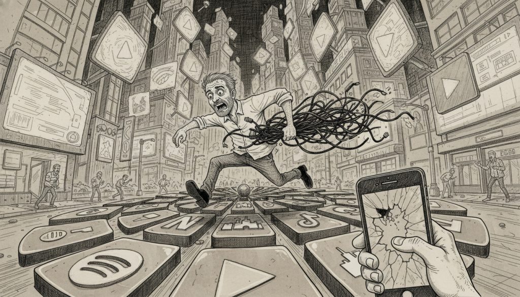 The frantic character struggles while choosing video marketing platforms, sprinting across spinning streaming icon platforms in a chaotic city flooded with screens and cables.