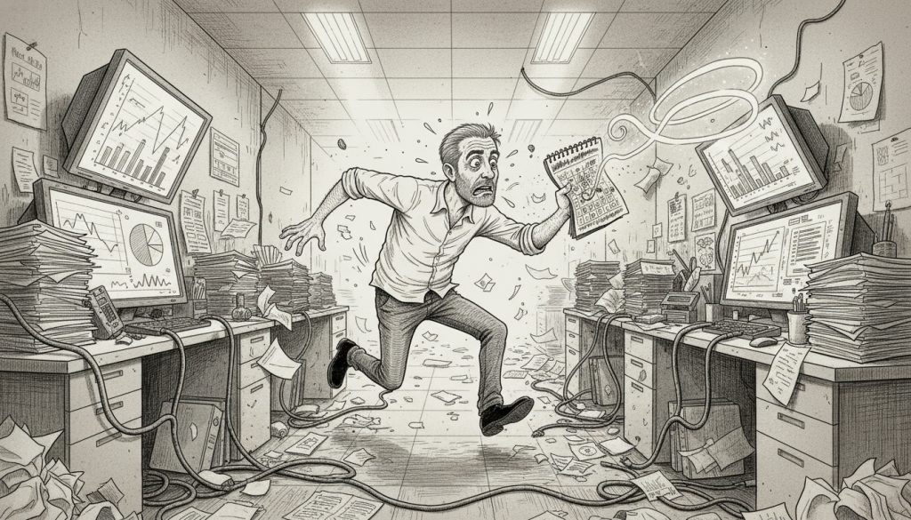 B2B SaaS SEO Case Study Or It Didn’t Happen The frantic character reaches for a slipping calendar page amid swirling papers and tangled cables in a chaotic office hallway filled with buzzing monitors and fluctuating charts illustrating b2b SaaS SEO case study.