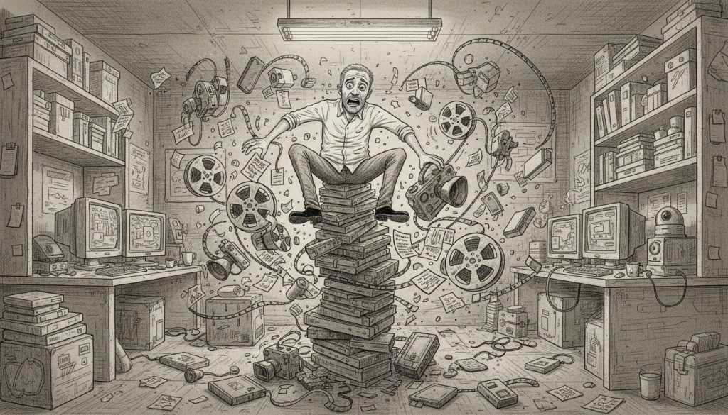 The frantic character juggles VHS tapes and cameras on a shaky tower of film canisters in a cluttered editing room filled with flying papers and tangled cables under flickering light, embodying video case study production chaos.