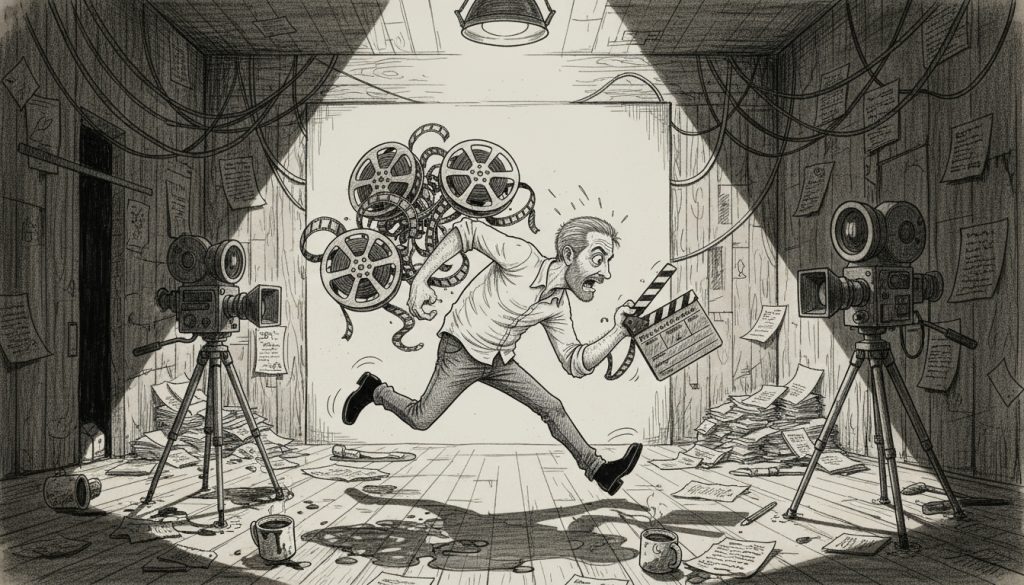 The desperate character frantically juggles film reels and clapperboards while sprinting through a chaotic video production studio filled with cameras, scripts, and spilled coffee.