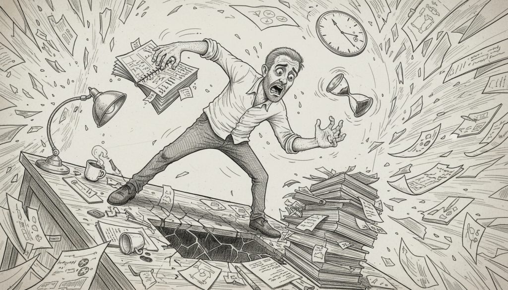 The content strategy consultant frantically juggles calendars and papers while balancing on a cluttered desk amid spilling coffee and broken clocks in a chaotic office setting.