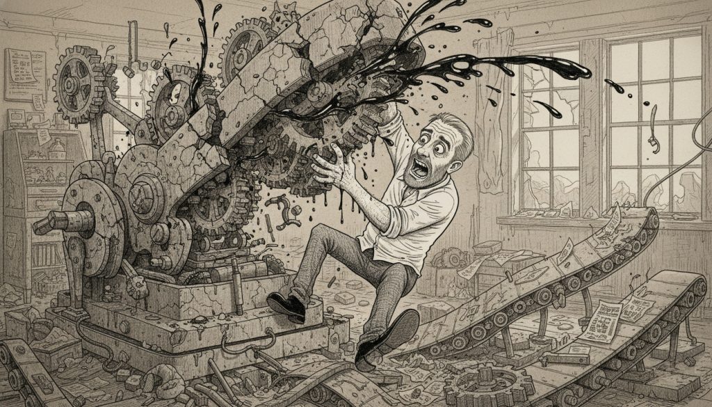 The frantic man clings to a rusted, broken machine in a chaotic workshop filled with cables and torn papers during a marketing automation audit.