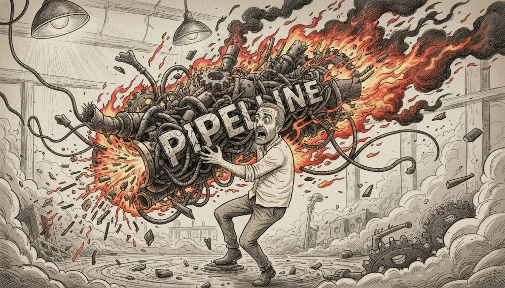 The frantic character clings to a tangled fiery pipeline of cables and gears in a chaotic factory setting with sparks and smoke flying around.
