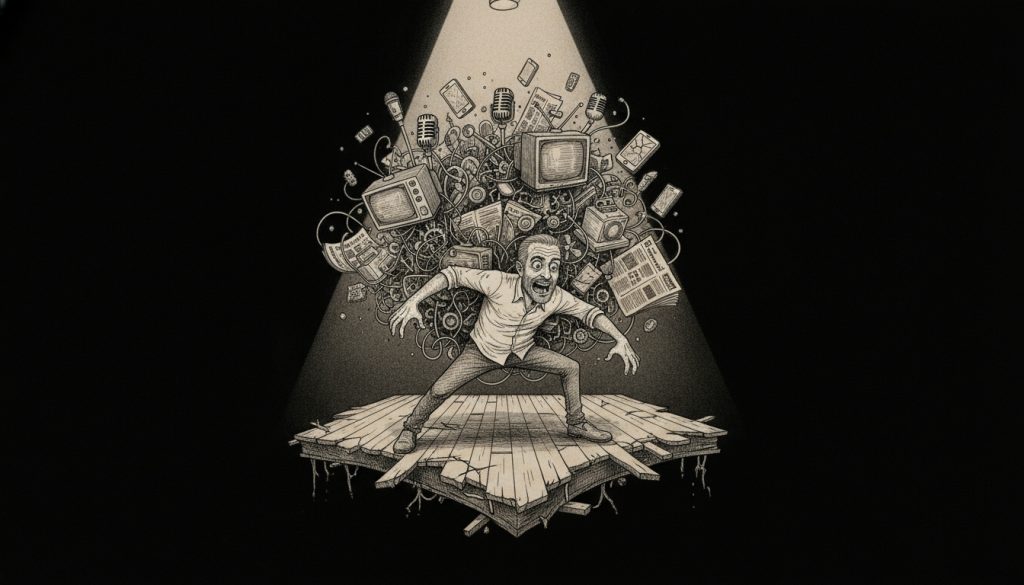Your Cross Media Marketing Strategy Is Gaslighting You The frantic character juggles microphones, televisions, newspapers, and smartphones on a cracking empty stage while struggling to maintain balance in a dark void representing cross media marketing strategy.