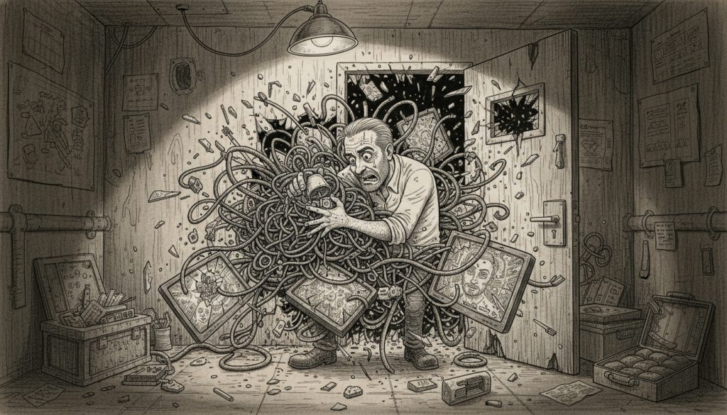 The frantic man clings to tangled cables and broken video monitors in a cramped broadcast vault as security doors shatter around him under a harsh flickering light.