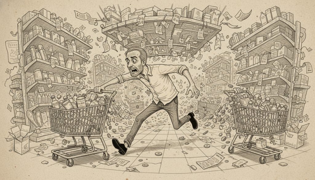 Retail Customer Journey Theater Is Costing You Money The frantic character runs through a chaotic retail store maze reaching for shopping carts and coins as shelves and products collapse around in a theatrical setting.