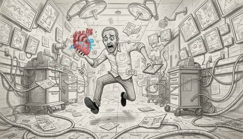 Medtech Digital Marketing Isn’t Broken, Your Nerve Is The frantic man with sweat on his brow frantically juggles glowing heartbeats and digital charts while sprinting through a chaotic hospital corridor filled with cables and monitors under flickering surgical lights.