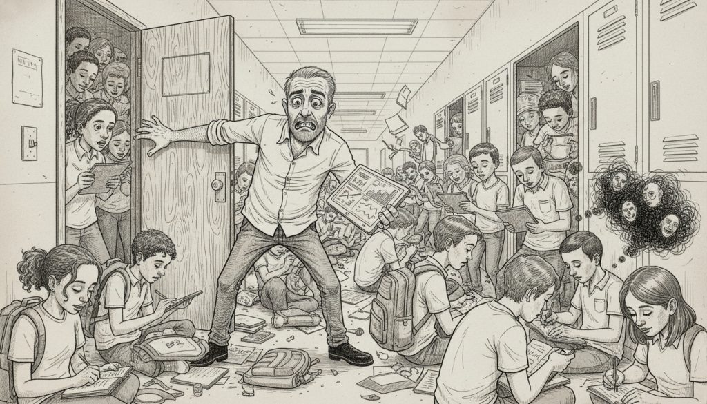 Edtech Marketing Isn’t Failing, You Are Ghosting Classrooms The frantic character barges into a packed classroom corridor holding a tablet as students and backpacks collide amid flying papers and harsh school lighting in an edtech marketing scene.