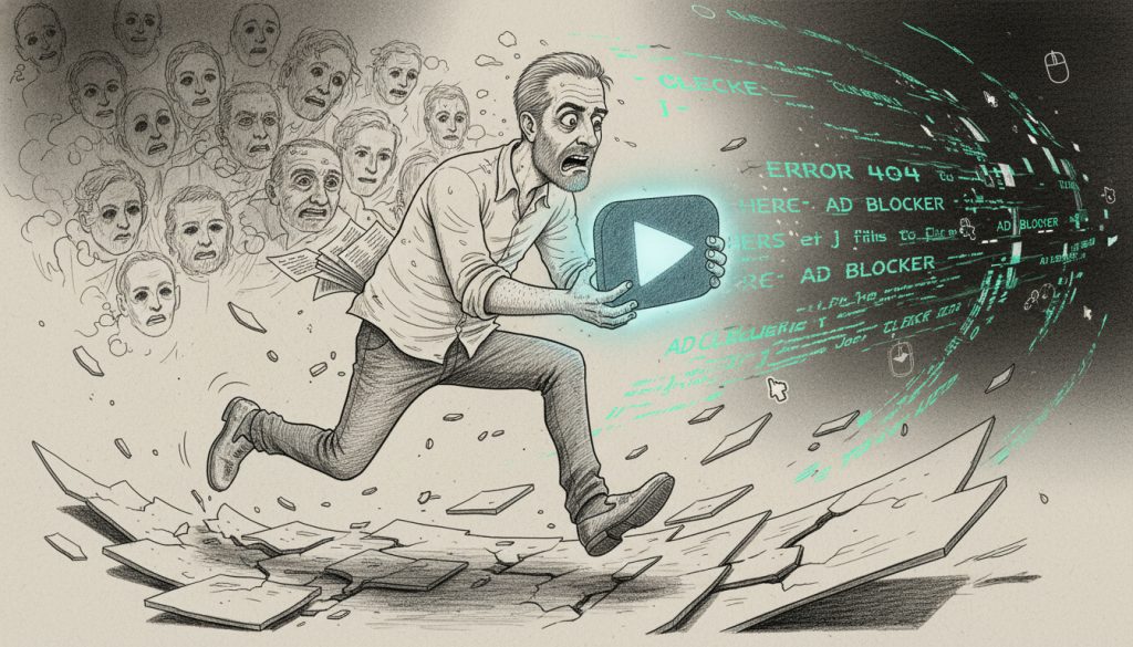 The frantic man clutching a glowing video play button sprints across a collapsing landing page with swirling code and ghostly silent faces in a chaotic digital environment.