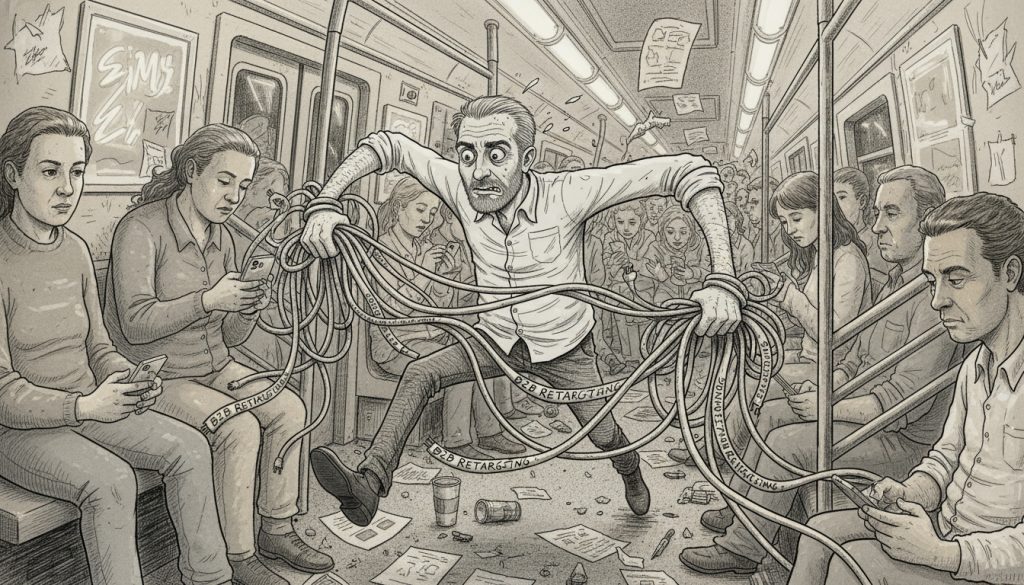 B2B Retargeting Isn’t Stalking, Your Strategy Is The frantic character juggles tangled cords labeled b2b retargeting while running through a crowded subway car filled with flashing ads and flying papers.