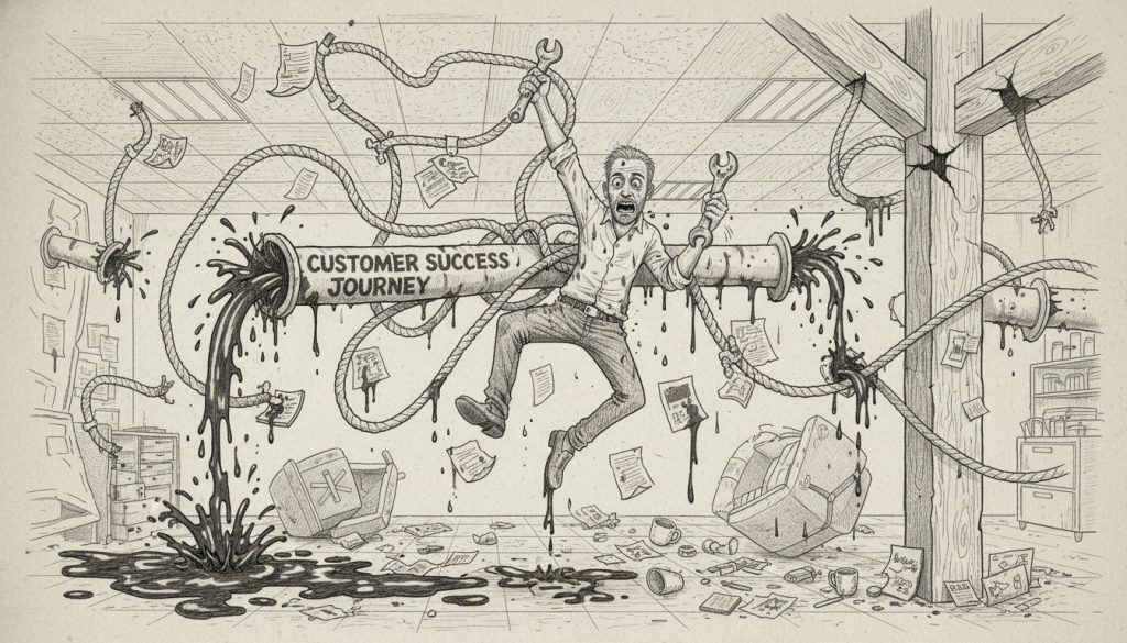 Your Customer Success Journey Is Leaking Money, Admit It The frantic character desperately patches a leaking customer success journey pipeline while hanging mid-air in a chaotic flooded office with scattered papers and broken coffee cups.