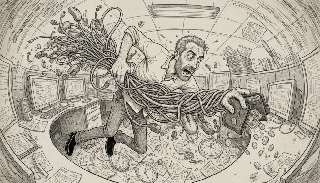 Onboarding SaaS Software Is Where Your Budget Goes To Die The frantic character clings to tangled computer cables and a cracked wallet while falling into a pit of invoices and clocks inside a chaotic office cubicle showing onboarding saas software stress.