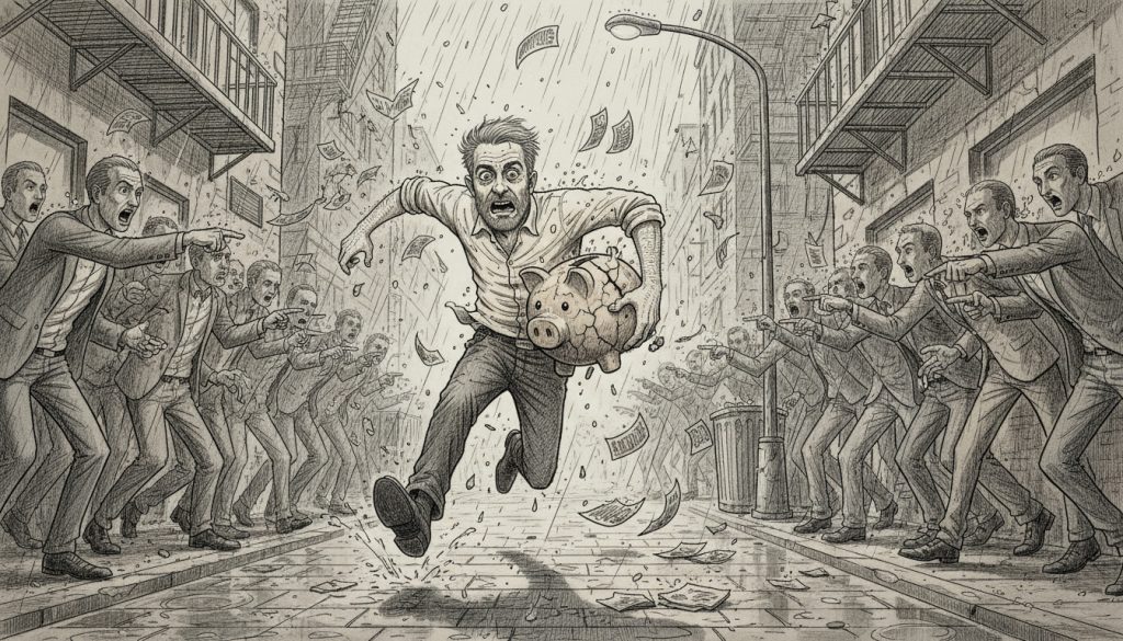 Channel Partner Marketing Strategy Isn’t Your Slush Fund, Grow Up The frantic man clutches a cracked piggy bank while sprinting through a chaotic alley filled with flying dollar bills and paperwork, embodying channel partner marketing strategy.