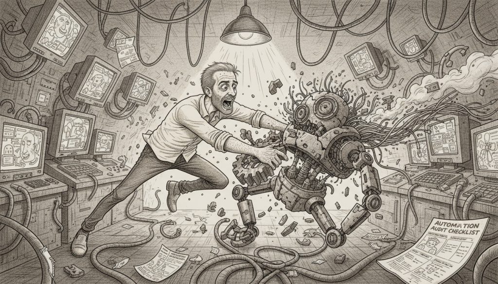 The desperate character grips a wrench while struggling to fix a sprawling, broken robot with exposed gears and wires in a chaotic control room filled with flickering monitors and scattered automation audit checklist papers.