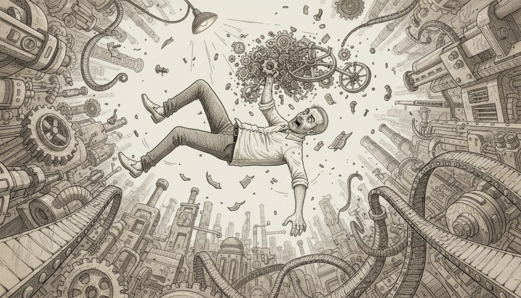 The panicked character falls through a crowded network of giant gears and conveyor belts, clutching slipping machinery while surrounded by flying papers and tools in a dark industrial space.