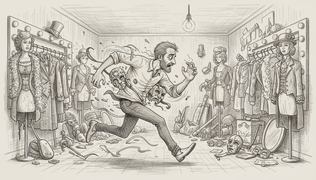 The frantic character runs through a cluttered dressing room cutting off elaborate masks while surrounded by half-dressed mannequins and tangled costumes under a flickering light.