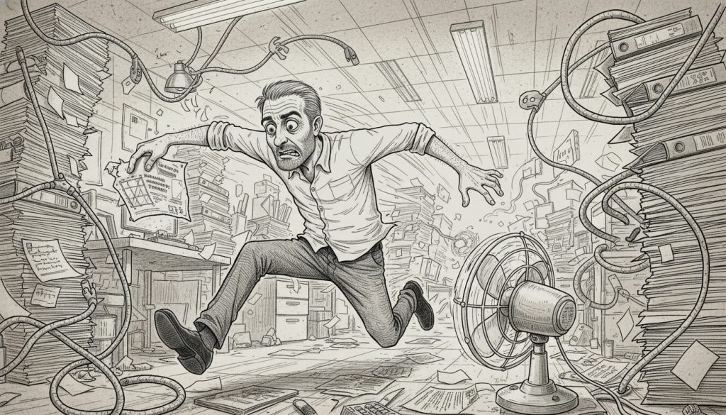Your B2B Marketing Strategy Framework Is Lying To You The frantic man sprints through a chaotic office filled with papers and cables while clutching a b2b marketing strategy framework blueprint amid flickering lights and swirling clutter.