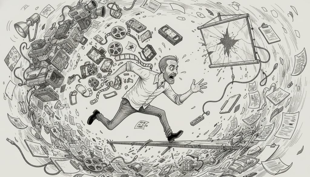 The frantic man struggles with a video content management system while running on a collapsing beam surrounded by flying tapes, papers, and tangled cords in a chaotic studio setting.