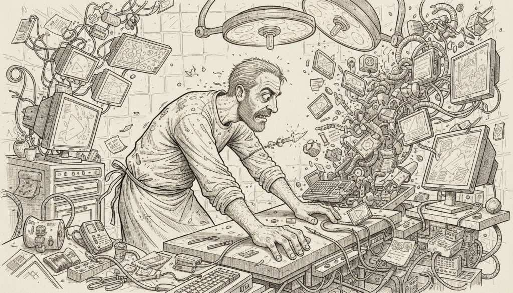 The intense man in a surgeon's gown is choosing video marketing platforms by carefully cutting tangled cables and floating video screens in a cluttered surgical room full of office tools and flickering monitors.