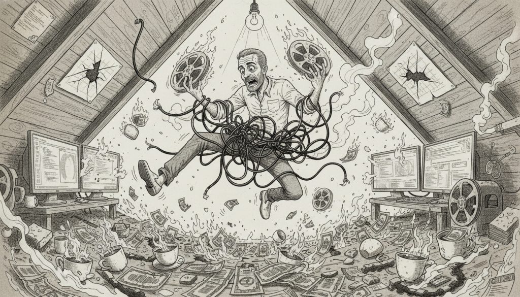 The frantic man wildly juggles flaming film reels over burning dollar bills in a cluttered attic studio while setting goals for video marketing.