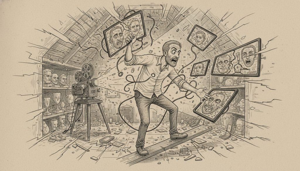 The frantic man juggles flickering video testimonial examples inside a cluttered attic filled with broken trophies and shattered glass while balancing on a narrow beam under flickering light.