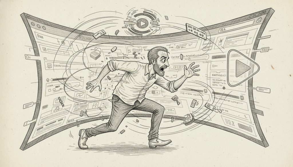 The frantic character sprints across a distorted paused landing page with video elements as they desperately reach for a slipping play button surrounded by flying UI fragments and swirling motion.