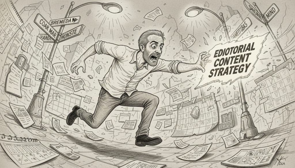 The frantic character sprints through a storm of torn calendar pages in a chaotic cityscape reaching desperately toward a glowing shard labeled editorial content strategy.