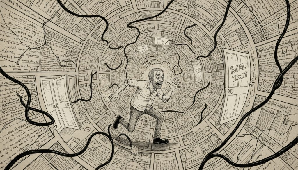 The frantic character runs through a chaotic maze of browser windows and flickering digital doors, reaching out in desperation in a dimly lit environment filled with tangled cables and swirling papers.