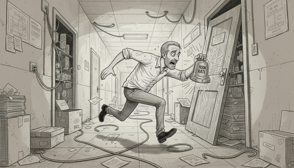 The frantic character clutches a large vintage doorbell labeled hook rate while sprinting down a narrow cluttered hallway, reaching desperately for a half-blocked heavy door with papers flying under harsh flickering light.