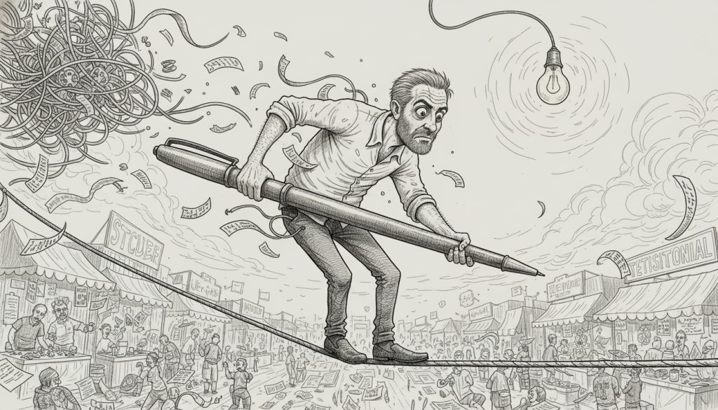 The frantic character balances on a trembling tightrope above a chaotic marketplace clutching a giant pen and struggling to ask customers for testimonials amid flying papers and tangled cables.