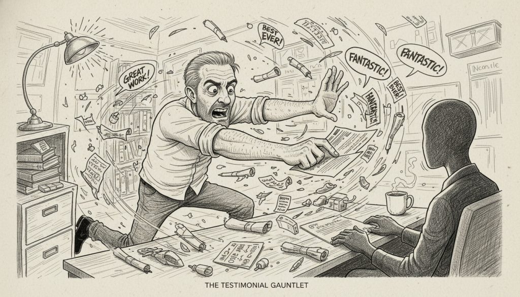 The frantic character lunges forward holding a paper toward a faceless client amid swirling flying testimonials and cluttered office chaos illustrating how to ask for a testimonial from a client.