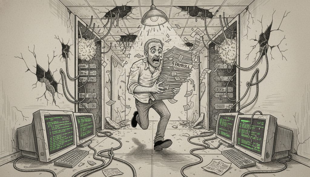 Customer Success Strategy SaaS Isn’t A Checkbox, It’s Payroll The desperate character sprints down a collapsing skyscraper hallway clutching fluttering payroll papers surrounded by flickering monitors and tangled wires representing customer success strategy saas.
