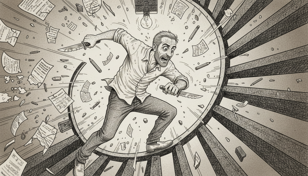 Medtech Market Access Isn’t A Checkbox. It’s A Knife Fight The frantic character fights a knife battle inside a locked stairwell as medical documents and codes fly around in a tight, shadowy space.