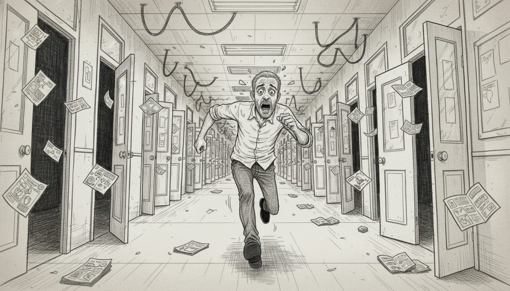 That Edtech Marketing Strategy? It Was Never Real. The frantic character sprints down a hallway filled with shifting classroom doors, reaching out desperately with papers and cables swirling around under flickering lights in an edtech marketing strategy setting.