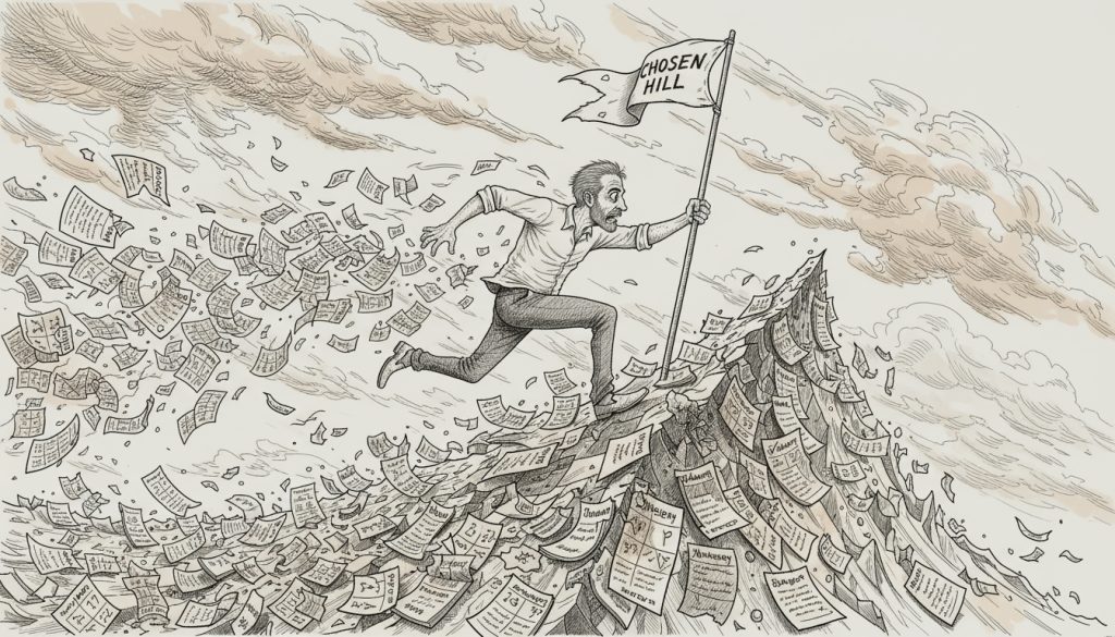 Marketing Strategy vs Marketing Plan: Pick A Brain, Not A Calendar The sweating character runs up a mountain of calendar pages and to-do lists clutching a flagpole on a chaotic windy ridge symbolizing marketing strategy vs marketing plan.