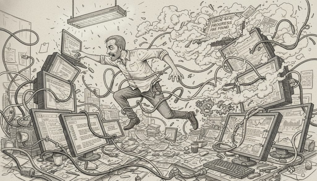 Onboarding Software for Small Business Is Lying To You The frantic man struggles tangled in cables reaching for a slipping laptop screen amid flickering monitors and clutter in a small business office.